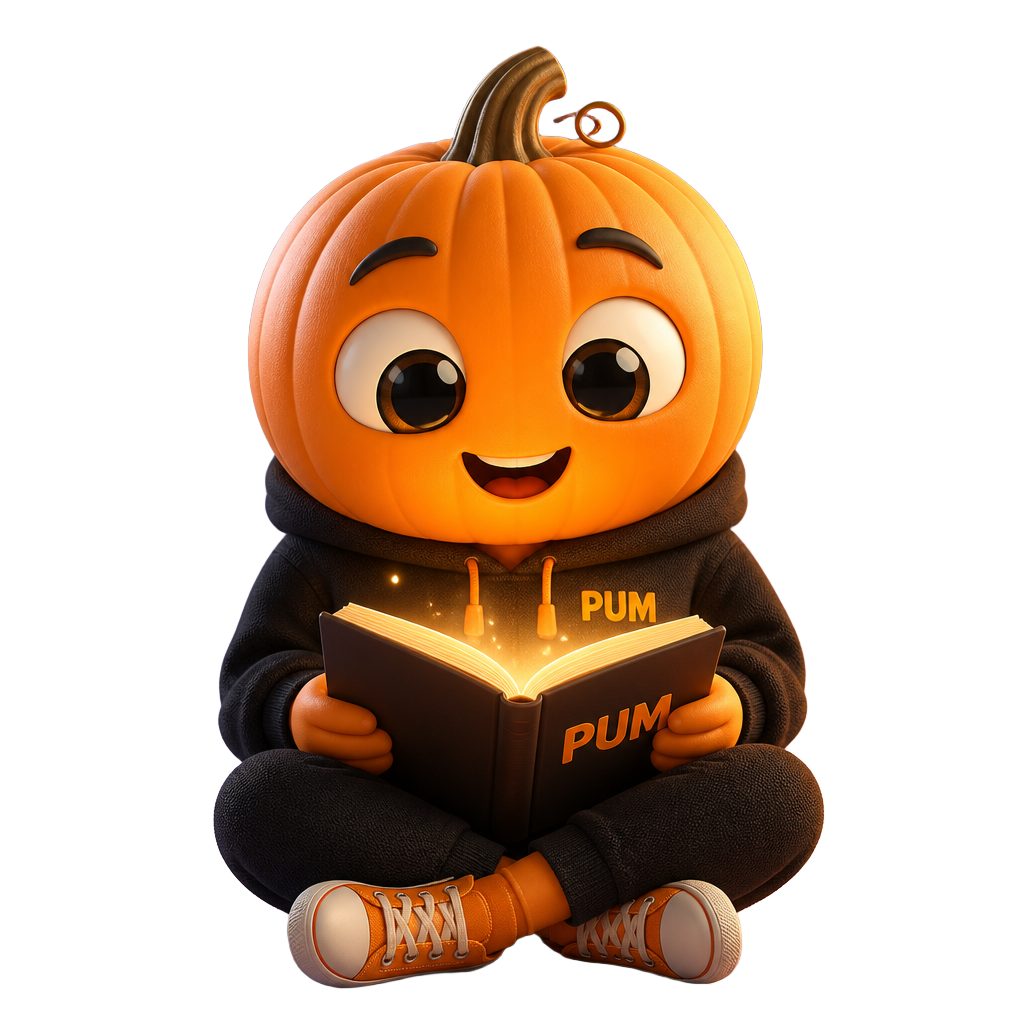 Pum, the pumpkin mascot, reading a glowing storybook